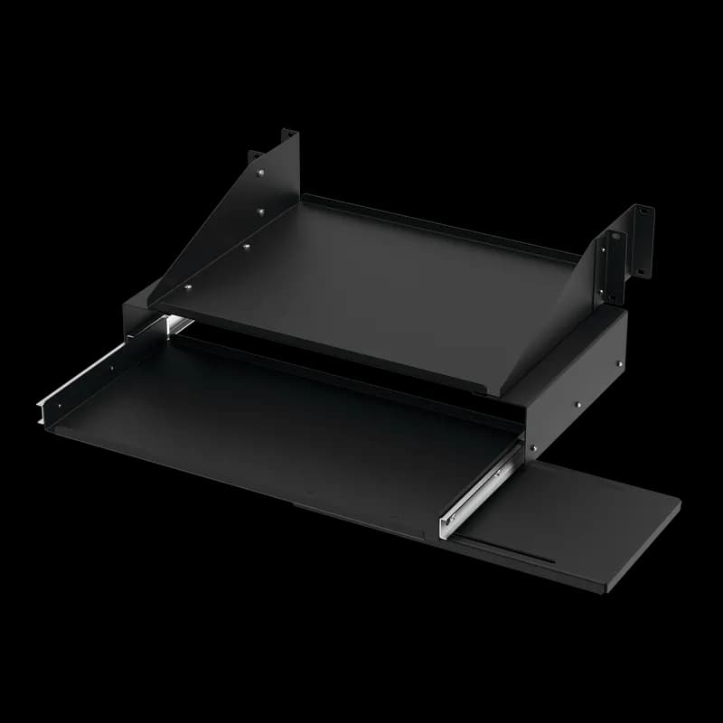 Pullout Keyboard Tray with Monitor Shelf, fits open rack, Black, Steel