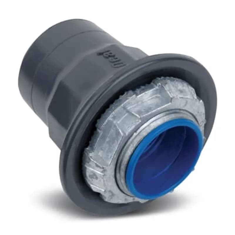 PVC Coated Aluminum Hub Connector with Thermoplastic Insulated Throat, Pipe Size 5 Inch/129 Metric, Overall Diameter 6.88 Inch/174.75 Millimeters, Maximum Panel Thickness 0.25 Inch/6.35 Millimeters, Throat Diameter 4.94 Inch/125.48 Millimeters, Nitrile Rubber (Buna-N) Sealing Ring, Dark Gray