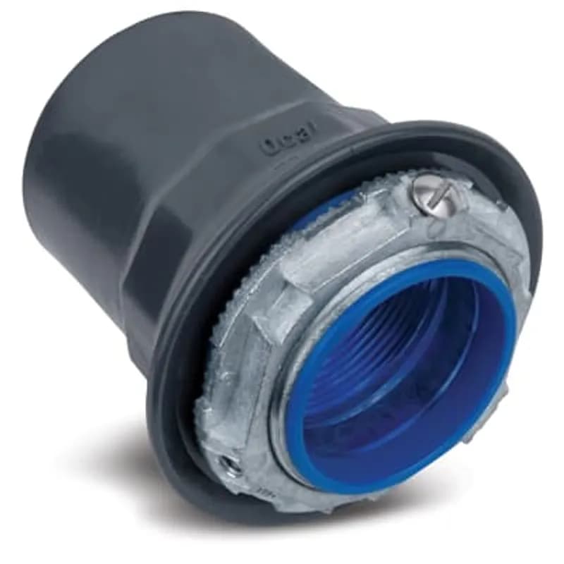 PVC Coated Zinc Grounded Hub with Thermoplastic Insulated Throat, Pipe Size 3 Inch/78 Metric, Overall Diameter 4.38 Inch/111.25 Millimeters, Maximum Panel Thickness 0.25 Inch/6.35 Millimeters, Throat Diameter 2.97 Inch/75.44 Millimeters, Nitrile Rubber (Buna-N) Sealing Ring, Dark Gray