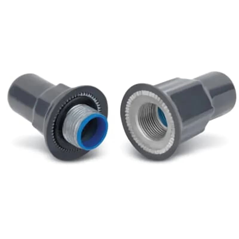 PVC Coated Bulkhead Fitting with Thermoplastic Insulated Throat, Pipe Size 2 Inch/53 Metric, Thread 2 - 11-1/2, Height 1.84 Inch, Diameter 3.25 Inch, Across Flats 2.63 Inch, Nitrile Rubber (Buna-N) Sealing Ring, Gray