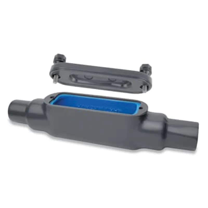 PVC Coated Conduit Body, C Shape, Form 8 UL-4X, Size 1-1/2 Inch/41 Metric, Iron, Dark Gray