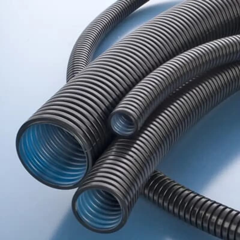 Coarse Profile Three Layer Corrugated Medium-Wall Very Flexible Conduit, (XCYL) Material - Outer Layer - Polyamide 6, Intermediate Layer - Bonding Compound, Inner Layer - Polyethylene Color - Outer Layer - Black, Inner Layer - Blue, Conduit Size NW - 23