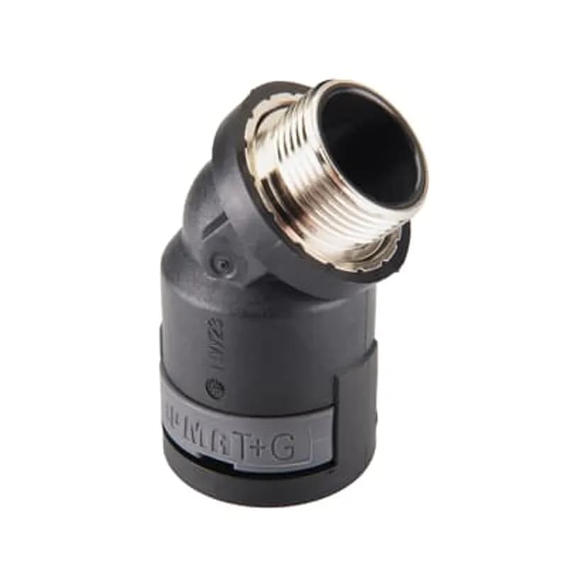 PMAFIX 45 Degree Black Elbow with Metric Threads, Elbow Material - Polyamide 6, Thread Material-Nickel-Plated Brass, Thread Size - M25x1.5, Conduit Size NW - 23, Thread Length - 7