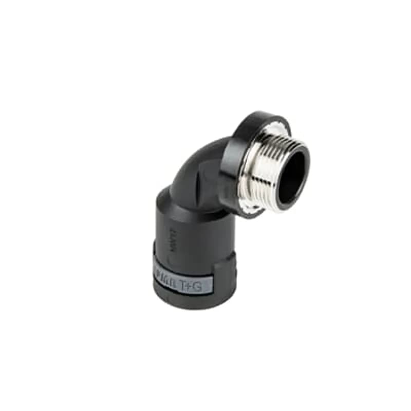 PMAFIX 90 Degree Black Elbow with Metric Threads, Elbow Material - Polyamide 6, Thread Material-Nickel-Plated Brass, Thread Size - M40x1.5, Conduit Size NW - 36, Thread Length - 13