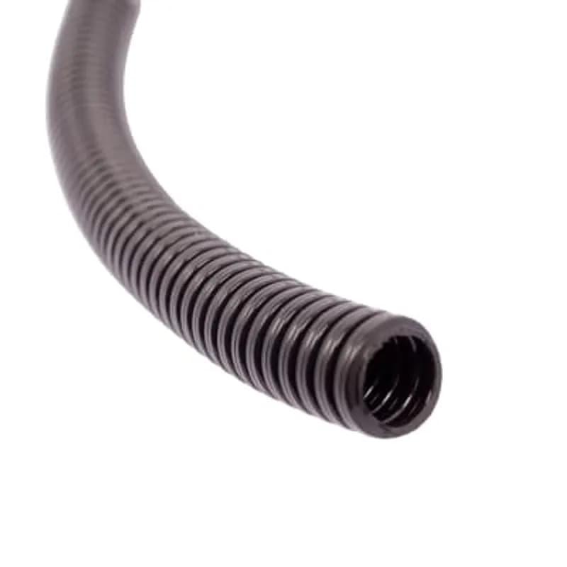 Medium Weight, Highly Flexible Slit Conduit, NC Size 08/NW Size 7.5, Outside Diameter 10.0mm, Inside Diameter 6.4mm, Static Bend Radius 15mm, High UV Resistance and Acid Resistance, IP40 Rating, Modified Polypropylene, Reel Length 100 Meters, Black
