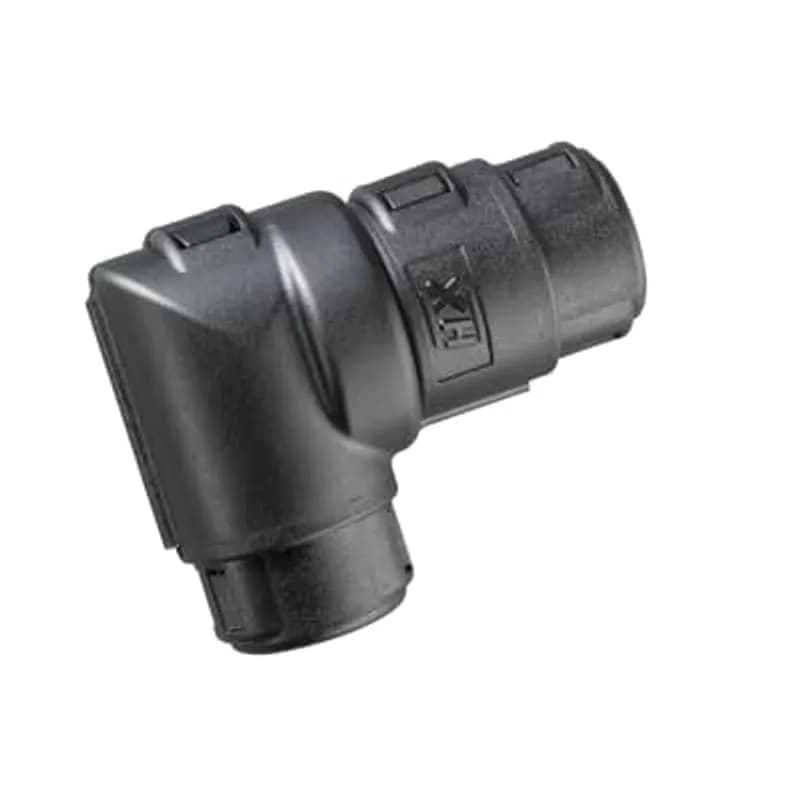 Hinged Connector Interface Fitting, 90 Degree Elbow with 360 Degree Swivel, 2-Way AS-AMP Superseal Connector to Conduit, Conduit Size NC08/NW7.5, Operating Temperature -40 to 120 Degrees Celsius, RoHS Compliant, IP40 Rating, Very High UV Protection, Polyamide (Nylon), Black