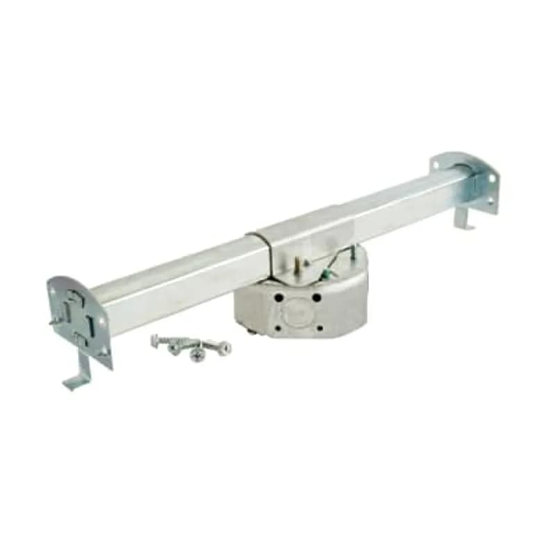 Octagon Ceiling Fan Box, 15.8 Cubic Inches, 4 Inch Diameter x 1-1/2 Inches Deep, 1/2 Inch Knockouts, Pre-Galvanized Steel, Drawn Construction, with Non-Metallic Cable Clamps (C-5) and New Work Bar Hanger with 16 Inch to 24 Inch Length, For use with Non-Metallic Sheathed Cable