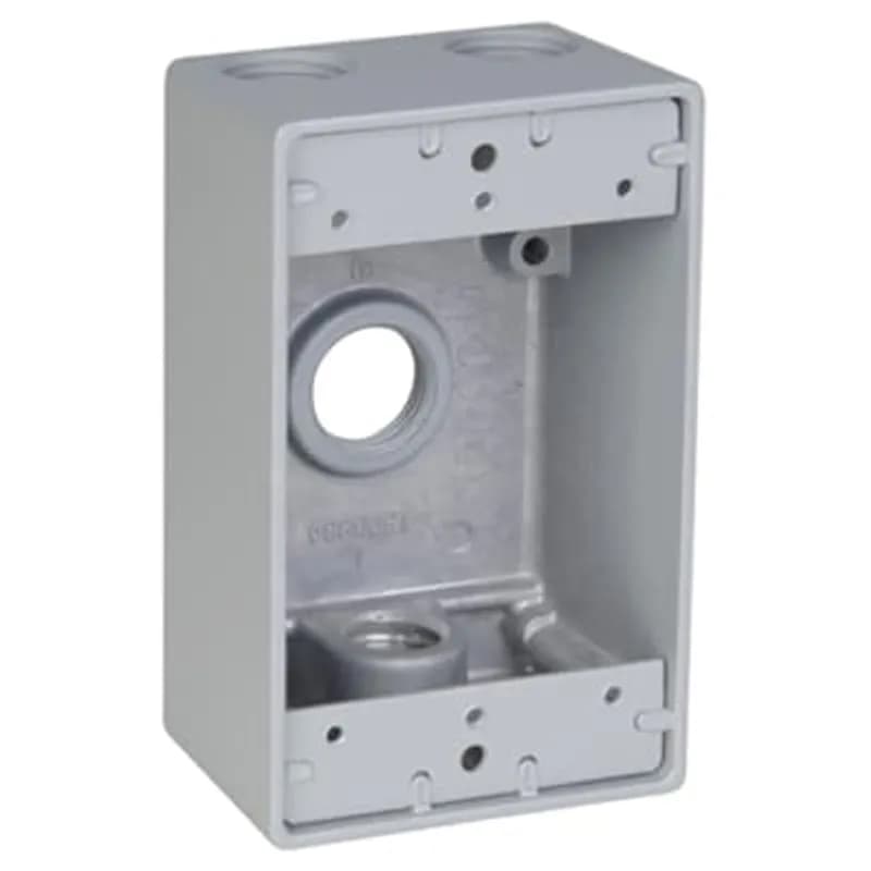 Single Gang Universal Weatherproof Box, 17.3 Cubic Inches, Hub Size 3/4 Inch, Silver, Aluminum, 4 Outlets, Two on Top, and One on Bottom and Back, with Mounting Lugs, Pack of 10