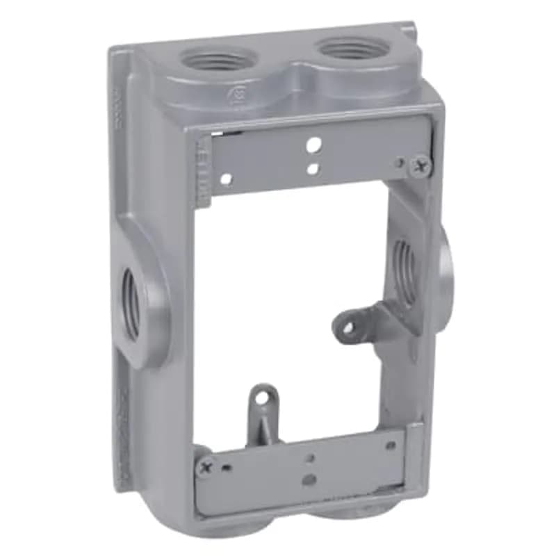 Single Gang Flanged Extension Adapter, 1-7/8 Inches Deep, Hub Size 1/2 Inch, 6 Outlets, 2 on Top and Bottom, 1 on Each Side, with 4 Plug, Gasket, and Screws
