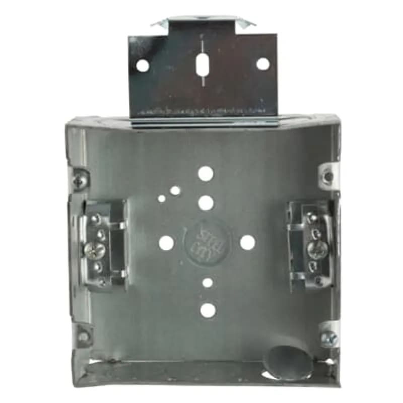 Pre-Fabricated, Two Gang Outlet Box, 42 Cubic Inches, 4-11/16 Inches Square x 2-1/8 Inches Deep, 1/2 Inch Knockouts, Galvanized Steel, 5/8 Inch Raised Device Box Cover, Metal Stud Bracket, Armored Cable Clamp (C-3) and 10-1/2 Inch Pigtail