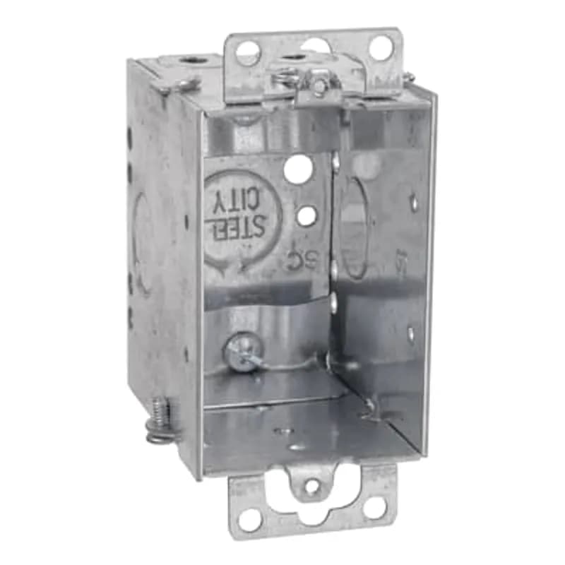 Gangable Switch Box, 14 Cubic Inches, 3 Inches Long x 2 Inches Wide x 2-3/4 Inches Deep, 1/2 Inch Knockouts, Pre-Galvanized Steel, Non-Metallic Cable Clamps (C-5) and Ears Flush, For use with Non-Metallic Sheathed Cable