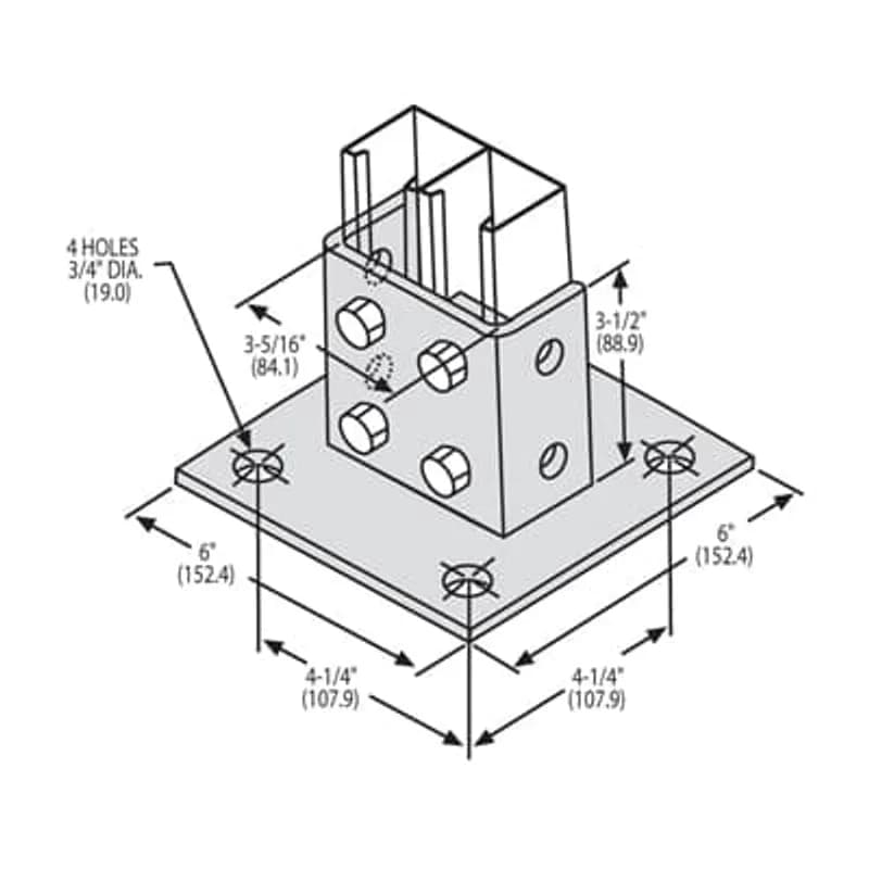 Connector, Square Post Base, Post Height 3-1/2 Inches, Post Width 3-5/16 Inches, Base Length 6 Inches, Base Height 6 Inches, Hole Diameter 3/4 Inch, Hot-Dip Galvanized Steel