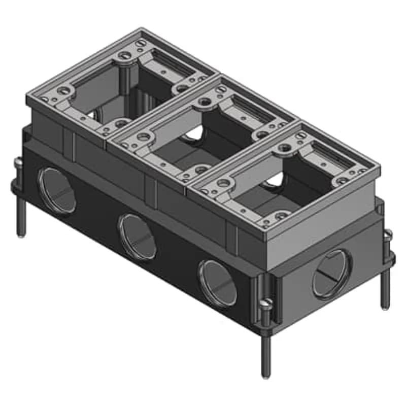 Three Gang Flush Service Floor Box, 111 Cubic Inches, Length 5-1/2 Inches, Width 10 Inches, Depth 3-5/8 Inches, 1-1/4 Inch Conduit Hubs, Aluminum