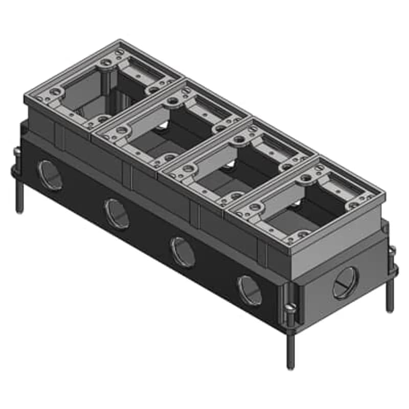 Four Gang Flush Service Floor Box, 148 Cubic Inches, Length 5-1/2 Inches, Width 12-15/16 Inches, Depth 3-5/8 Inches, 1 Inch Conduit Hubs, Aluminum