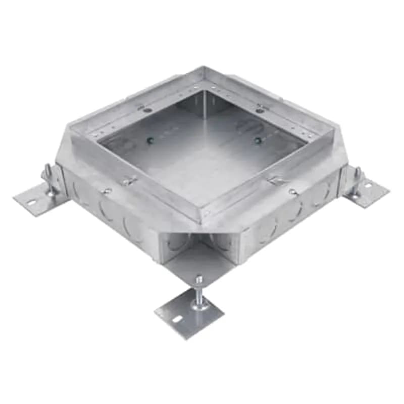 Four Gang Recessed Service Floor Box, 128 Cubic Inches, 13 Inches Square, Depth 3 Inches, Galvanized Steel, 3/4 Inch 1 Inch and 1-1/4 Inch Knockouts, Delivers Power, Communications and Data from Standard Conduit with No Exposed Service Fittings