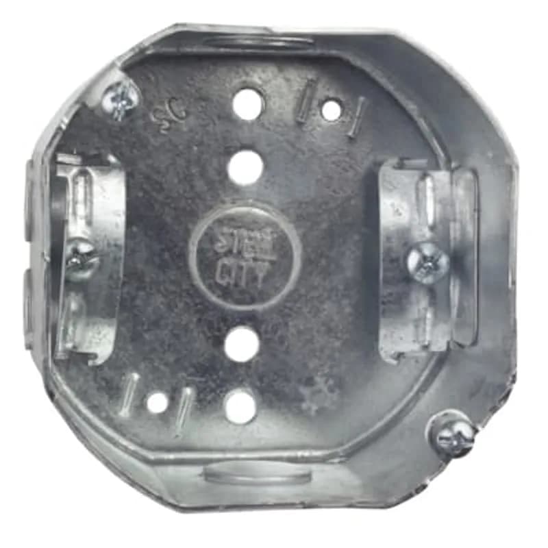 Octagon Box, 22.5 Cubic Inches, 4 Inch Diameter x 2-1/8 Inches Deep, 1/2 Inch Knockouts, Pre-Galvanized Steel, Drawn Construction, with Non-Metallic Cable Clamps (C-5), For use with Non-Metallic Sheathed Cable