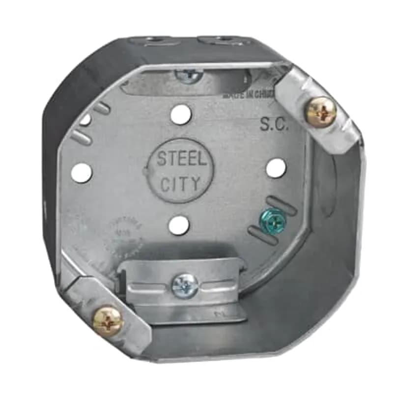 Octagon Ceiling Fan Support Box, 22.5 Cubic Inches, 4 Inch Diameter x 2-1/8 Inches Deep, 1/2 Inch Knockouts, Pre-Galvanized Steel, Drawn Construction, Non-Metallic Cable Clamp (C-5), For use with Non-Metallic Sheathed Cable
