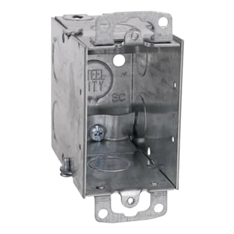 Gangable Switch Box, 18 Cubic Inches, 3 Inches Long x 2 Inches Wide x 3-1/2 Inches Deep, 1/2 Inch Knockouts, Pre-Galvanized Steel, Non-Metallic Cable Clamps (C-5), 10-1/2 Inch #12 AWG Solid Pigtail, Ground Screw, and Ears Flush, For use with Non-Metallic Sheathed Cable