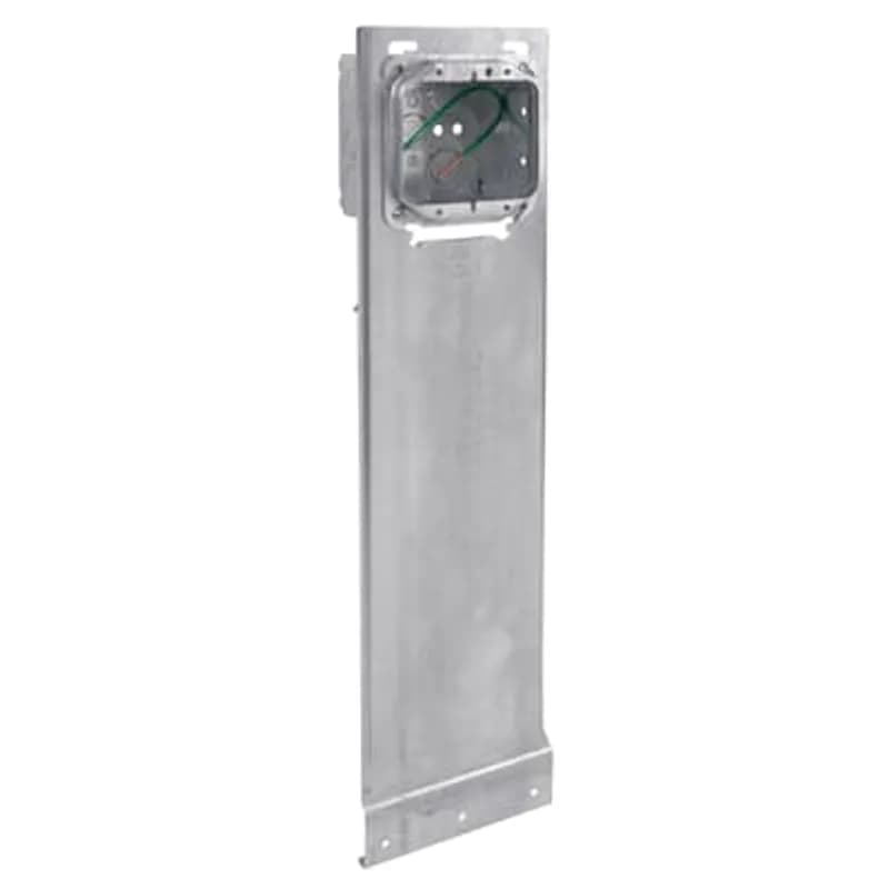 Pre-Fabricated, Two Gang Outlet Box, 21 Cubic Inches, 4 Inch Square x 1-1/2 Inch Deep, 1/2 and 3/4 Inch Eccentric Knockouts, Galvanized Steel, 1/2 Inch Raised Box Cover, with 10-1/2 Inch Grounding #12 AWG Solid Ground Wire Pigtail and 18 Inch Vertical Mounting Bracket, For Use with Conduit