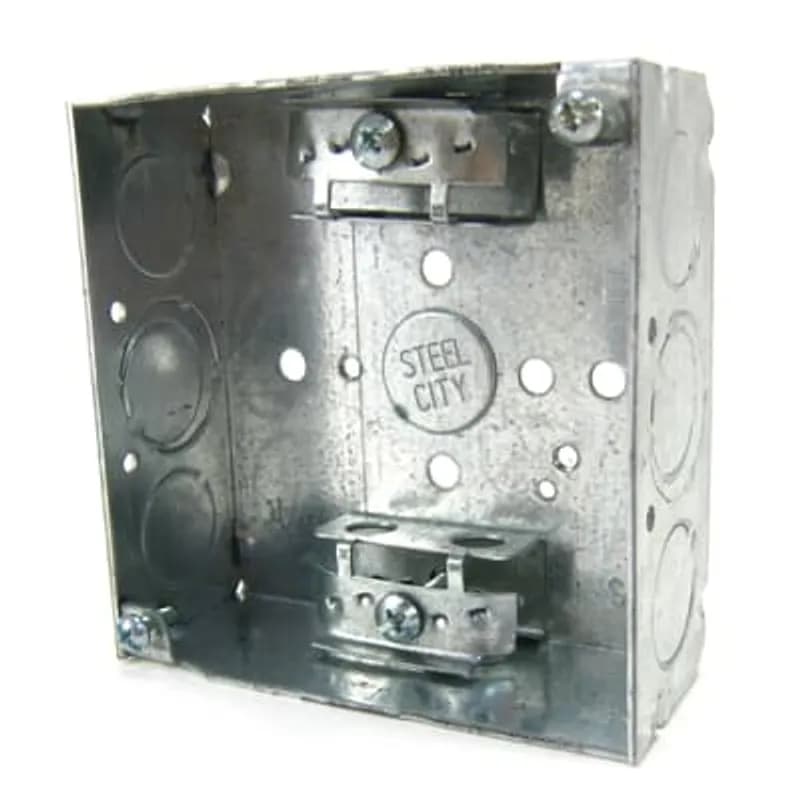 Square Box, 21 Cubic Inches, 4 Inch Square x 1-1/2 Inch Deep, 1/2 Inch and 3/4 Inch Eccentric Knockouts, Pre-Galvanized Steel, with Armored Cable Clamp (C-3), For Use with Armored/Metal Clad Cable