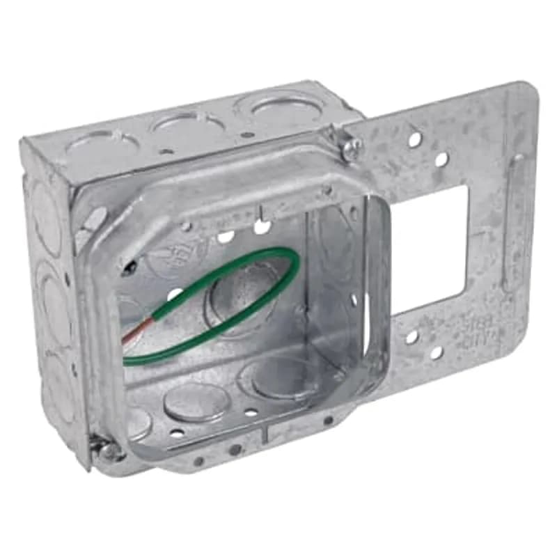 Pre-Fabricated, Two Gang Outlet Box, 30.3 Cubic Inches, 4 Inch Square x 2-1/8 Inch Deep x 1/2 Inch Raised, 1/2 Inch and 3/4 Inch Eccentric Knockouts, Pre-Galvanized Steel, with Box Support Cover, 10-1/2 Inch #12 AWG Solid Ground Wire Pigtail, For use with Conduit