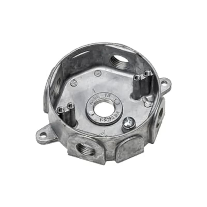 ABB - Installation Products CIC-8448 - Round Weatherproof Junction Box, Diameter 4 Inches, Depth 1-5/8 Inches, Hub Size 1 Inch on the Side and 1/2 Inch on the Bottom, Aluminum, 5 Openings, 2 Lugs, Includes Cover, Gasket, Plugs and Mounting Screws.