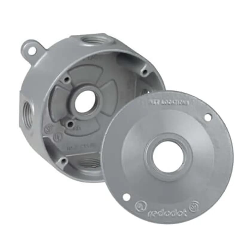 Round Outlet Box, 16 Cubic Inches, 4-1/8 Inch Diameter, Hub Size 1/2 Inch, Silver, Aluminum, with 5 Outlets, Four on the Sides and One in Back, and Blank Cover