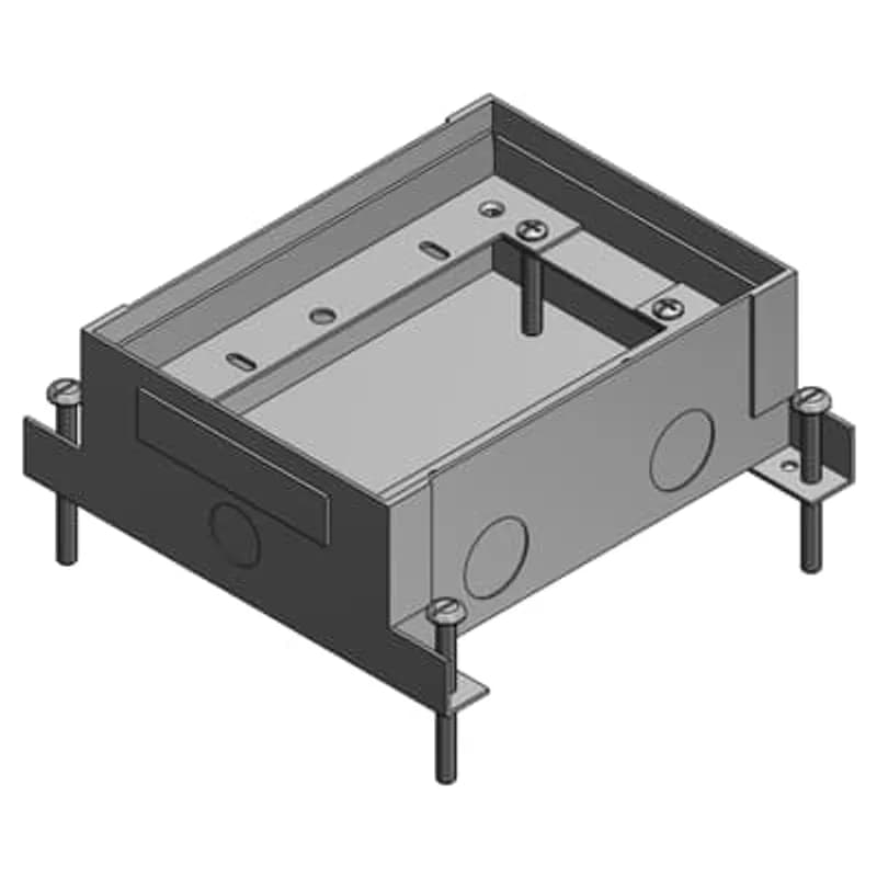Two Gang Shallow Flush Service Floor Box, 52 Cubic Inches, Length 7-1/4 Inches, Width 5-1/2 Inches, Depth 2-5/8 Inches, 1/2 Inch 3/4 Inch and 1-1/4 Inch Knockouts, Galvanized Steel, For Power or Communications/Data
