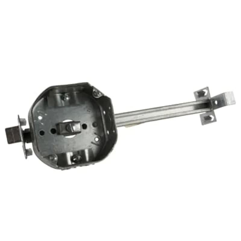 Octagon Box, 15.8 Cubic Inches, 4 Inch Diameter x 1-1/2 Inches Deep, 1/2 Inch Knockouts, Pre-Galvanized Steel, Drawn Construction, with Non-Metallic Cable Clamps (C-5) and Adjustable Bar Hanger 10-1/2 Inch to 18-1/2 Inch with Fastener, For use with Non-Metallic Sheathed Cable