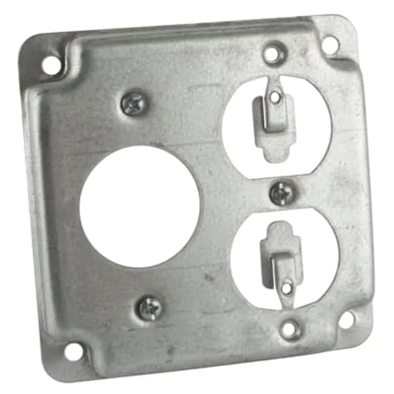 Square Box Surface Cover, 5 Cubic Inches, 4 Inch Square x 1/2 Inch Deep, 1-13/32 Inch Diameter Hole, Galvanized Steel, For use with One Single and One Duplex Flush Receptacle