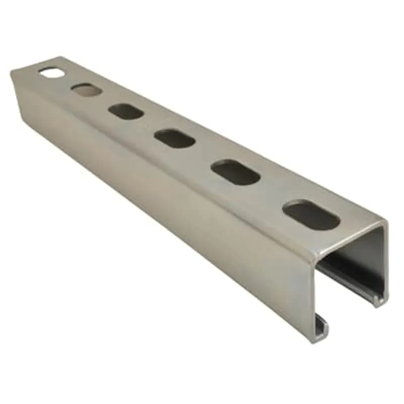 Channel, 14 Gauge, 1-5/8 Inch x 1-5/8 Inch, Length 10 Feet, Half Slot Stainless Steel with 9/16 Inch x 1-1/8 Inch Slots on 2 Inch Centers