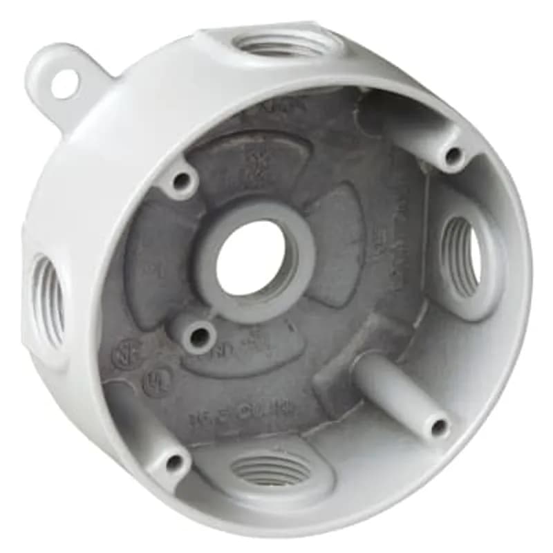 Round Outlet Box, 17 Cubic Inches, 4-1/8 Inch Diameter, Hub Size 1/2 Inch, White, Aluminum, with 5 Outlets, Four on the Sides and One in Back, Pack of 16