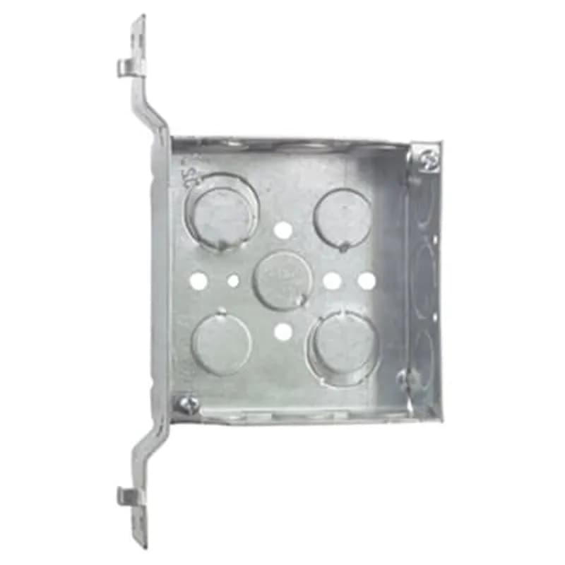 Square Box, 21 Cubic Inches, 4 Inch Square x 1-1/2 Inch Deep, 1/2 Inch and 3/4 Inch Eccentric Knockouts, Pre-Galvanized Steel, SV Bracket Mounted Flush, 10-1/2 Inch #12 AWG Solid Ground Wire Pigtail, For use with Conduit