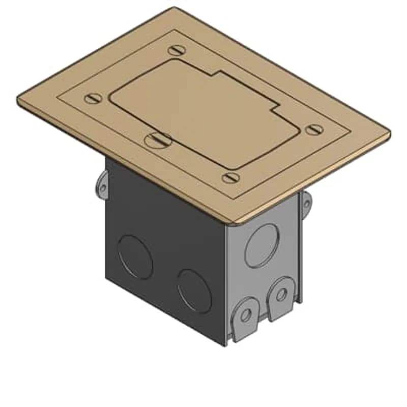 Single Gang Flush Service Residential Floor Box, 18 Cubic Inches, Length 3 Inches, Width 2 Inches, Depth 3-1/2 Inches, 1/2 Inch Knockouts, Galvanized Steel with Brass Cover, GFI Receptalce 15A 125V, Tamper Reistant, with Insulated Ground Wire, For Wood, Ceramic Tile, or Carpeted Floor Applications