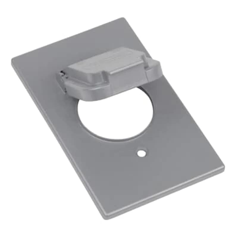 Single Gang Weatherproof Receptacle Cover, Silver, Aluminum, 1 Single Receptacle Cover with 1.59 Inch Diameter Opening Vertical, Device Mount with Lock Option