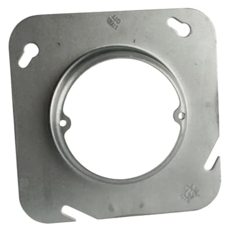 Square Box Cover, 4.3 Cubic Inches, 4-11/16 Inch Square x 3/4 Inch Raised, Pre-Galvanized Steel, Center Blanked with Tapped Ears on 2-23/32 Inch Centers