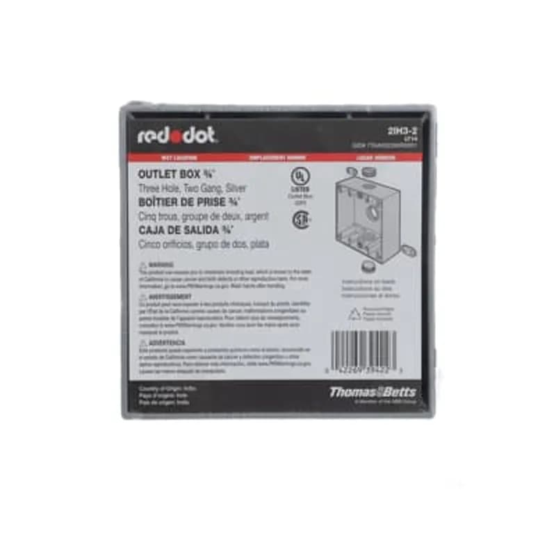 Two Gang Universal Weatherproof Box, 31 Cubic Inches, Hub Size 3/4 Inch, Silver, Aluminum, 3 Outlets, Top, Bottom, and Back One Each, Pack of 10