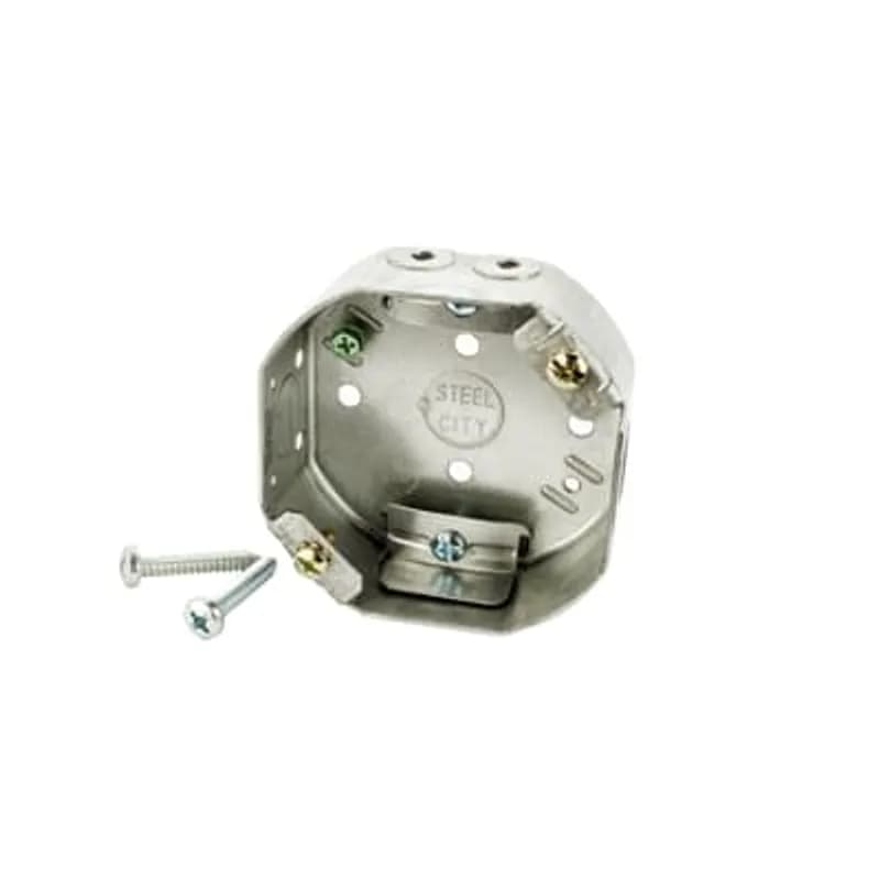ABB - Installation Products 54151 CFB - Octagon Ceiling Fan Box, 15.8 Cubic Inches, 4 Inch Diameter x 1-1/2 Inches Deep, 1/2 Inch Knockouts, Pre-Galvanized Steel, Drawn Construction, with Non-Metallic Cable Clamps (C-5), For use with Non-Metallic Sheathed Cable