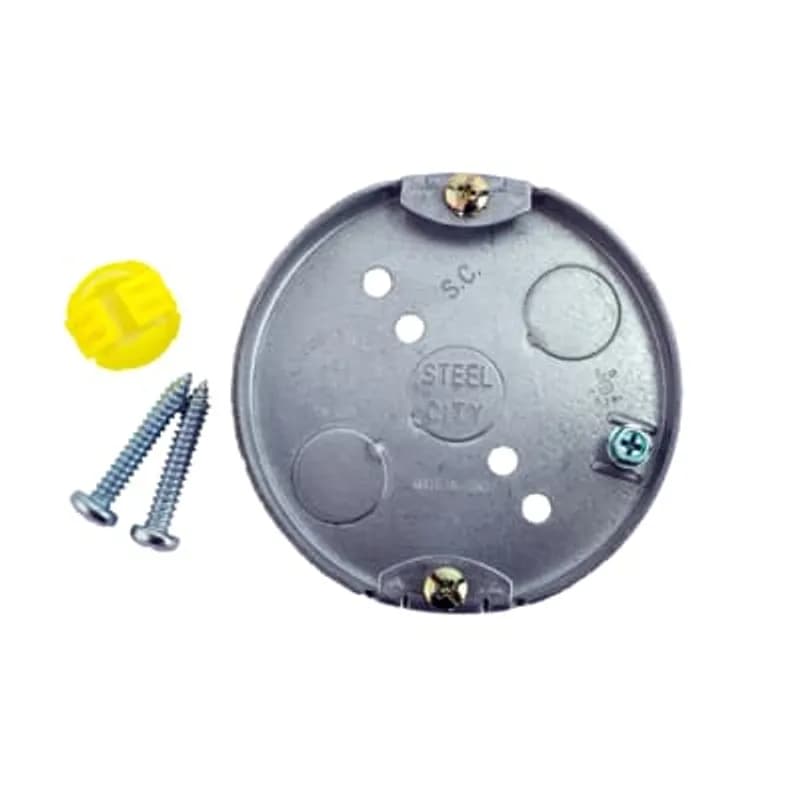 ABB - Installation Products 56111 CFB - Round Ceiling Fan Box, 6 Cubic Inches, 4 Inch Diameter, 1/2 Inch Knockouts, Pre-Galvanized, Drawn Construction, with Plastic Romex Connector Included