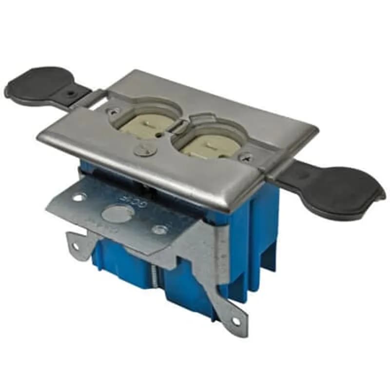 Single Gang Adjustable Residential Floor Box, 20 Cubic Inches, Cover Stainless Steel, Non-Metallic, Tamper Resistant Duplex Receptacle