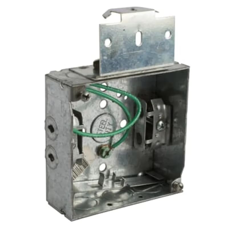 Square Box, 21 Cubic Inches, 4 Inch Square x 1-1/2 Inch Deep, 1/2 Inch and 3/4 Inch Eccentric Knockouts, Pre-Galvanized Steel, MS Bracket, #12 AWG Solid Ground Wire Pigtail, and Armored Cable Clamp (C-3), For Use with Armored/Metal Clad Cable