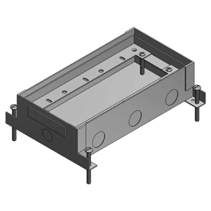 Three Gang Shallow Flush Service Floor Box, 78 Cubic Inches, Length 7-1/4 Inches, Width 5-1/2 Inches, Depth 2-5/8 Inches, 1/2 Inch 3/4 Inch and 1-1/4 Inch Knockouts, Galvanized Steel, For Power or Communications/Data