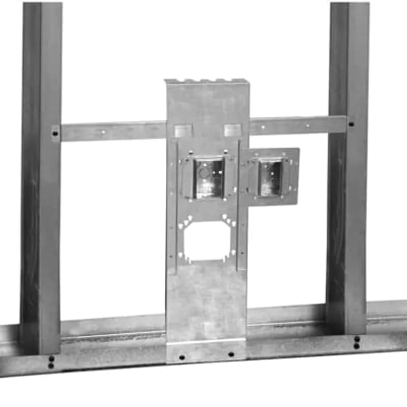 Pre-Fabricated Floor-Track Vertical Mounting Bracket with Supporting Horizontal Cross Bar, 12 Inch or 18 Inch Height, For 4 Inch Square of 4-11/16 Inch Square Boxes, Deep or Shallow, with Standard Device Covers (Mud Rings)