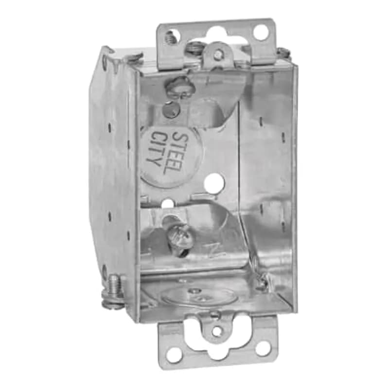 Gangable Switch Box, 10.5 Cubic Inches, 3 Inches Long x 2 Inches Wide x 2-1/4 Inches Deep, 1/2 Inch Knockouts, Pre-Galvanized Steel, Beveled Corners, Non-Metallic Cable Clamps (C-1), Ears Flush for Old Work, For Non-Metallic Sheathed Cable