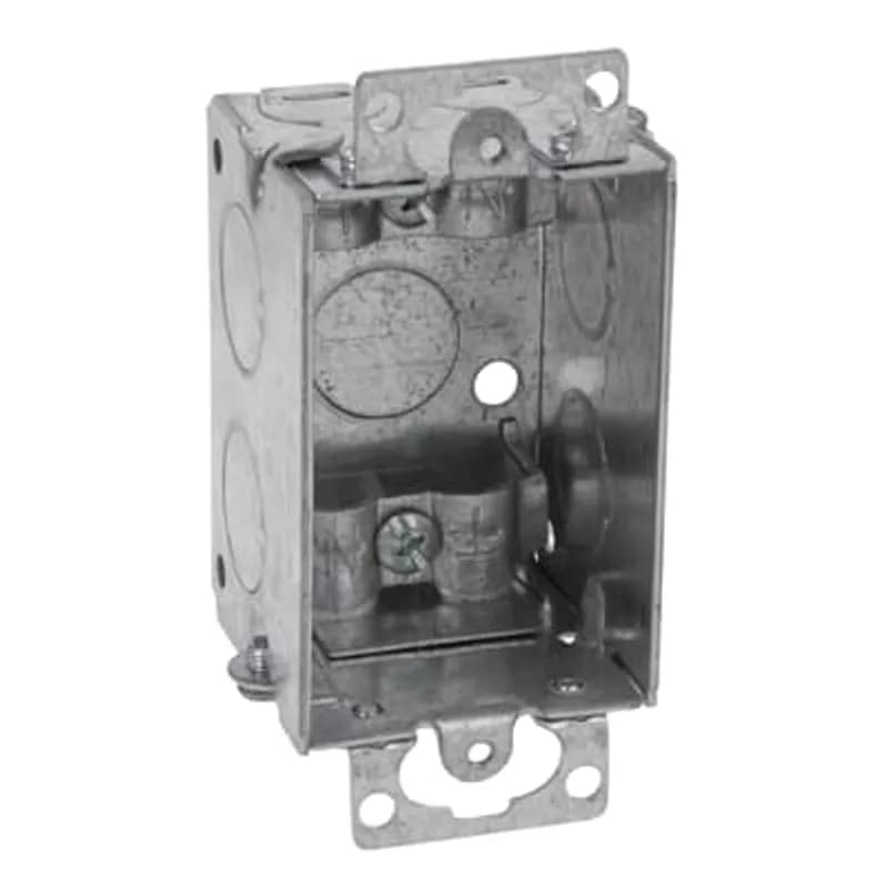 Gangable Switch Box, 10.5 Cubic Inches, 3 Inches Long x 2 Inches Wide x 2 Inches Deep, 1/2 Inch Knockouts, Pre-Galvanized Steel, Non-Metallic Cable Clamps (C-5), Adapts to Any Wall Thickness up to 3/4 Inch, and Ears Flush for Old Work, For Non-Metallic Sheathed Cable