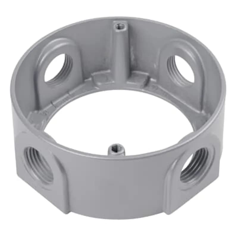 Round Extension Ring, 4-1/8 Inch Diameter, 1-5/8 Inch Deep, Hub Size 3/4 Inch, Gray, Aluminum, 4 Outlets, with 4 Closure Plugs, Gaskets, and Screws