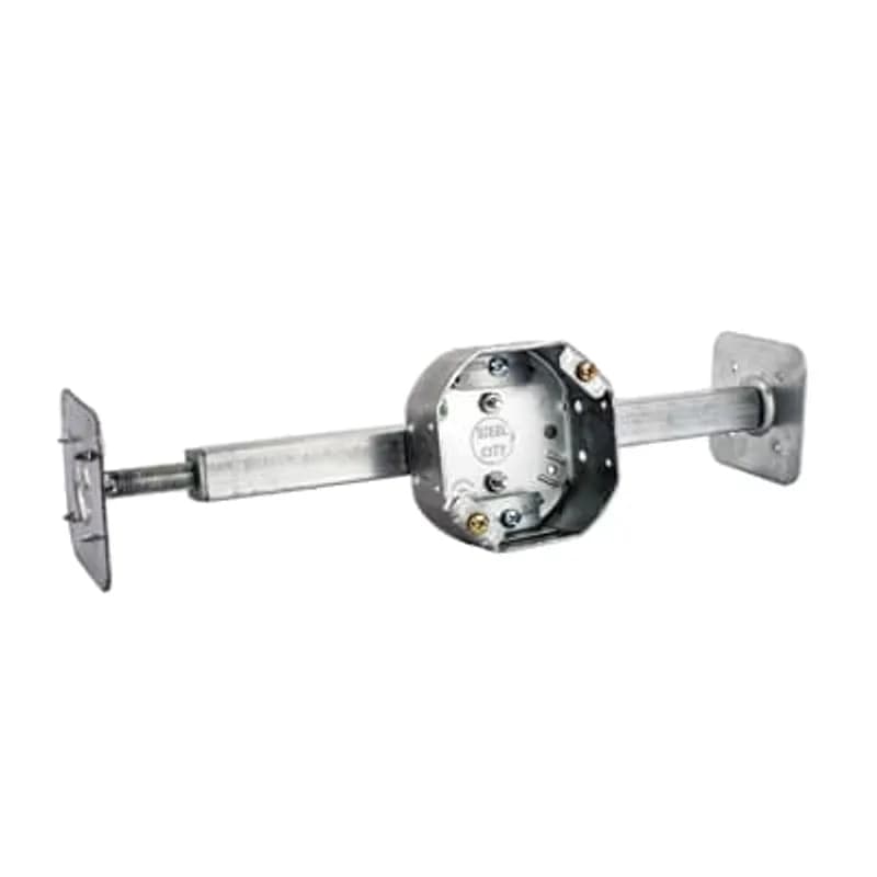 ABB - Installation Products 54151CFB-BHL-OW - Octagon Ceiling Fan Box, 15.8 Cubic Inches, 4 Inch Diameter x 1-1/2 Inches Deep, 1/2 Inch Knockouts, Pre-Galvanized Steel, Drawn Construction, with Non-Metallic Cable Clamps (C-5) and Old Work Bar Hanger with 16 Inch to 24 Inch Length, For use with Non-Metallic Sheathed Cable