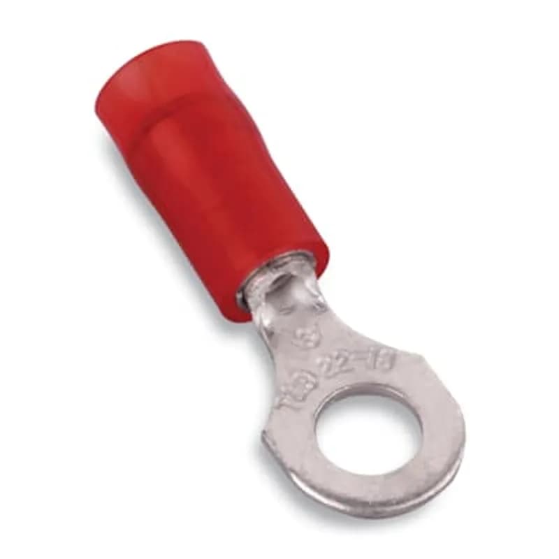 ABB - Installation Products KV18-8R-T - Insulated Vinyl Ring Terminal for Wire Range 22-16 Stud Size #8, Red, Mylar Tape