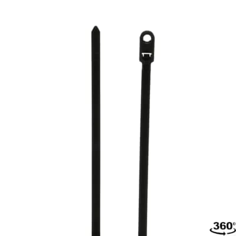 Integrated Mounting Hole Heavy-Duty Cable Tie, Black Polyamide (Nylon 6.6) for Temperatures up to 85 Degrees Celsius (185 F) for Indoor Applications, Length of 382mm (15 Inches), Width of 7.6mm (0.3 Inch), Thickness of 1.8mm (0.07 Inch), Tensile Strength Rating of 540 Newtons (120 Pounds), #10 Screw for Mounting, 100 Pack