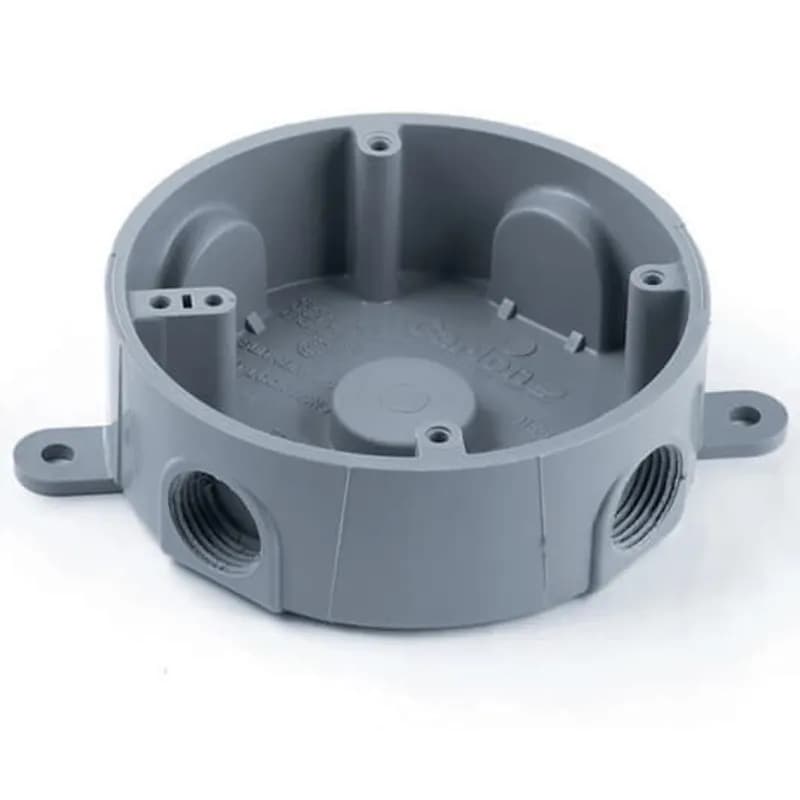 Round Weatherproof T-Box, Volume 13.5 Cubic Inches, Diameter 4.93 Inches, Depth 1.50 Inches, Cable Entry Size 1/2 Inch, Material PVC, Color Gray, Pack of 8